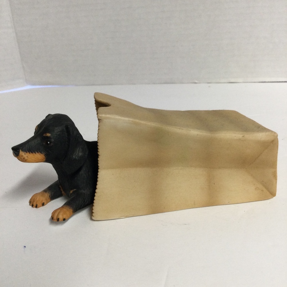 Princeton Gallery VTG Dachshund laying in Brown Paper Bag Porcelain Figurine